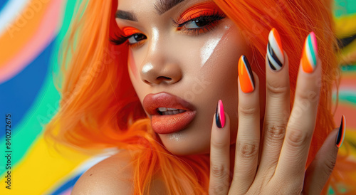 Close up of a woman with orange hair and long nails. The nail art is done in the style of an advertisement with a colorful background