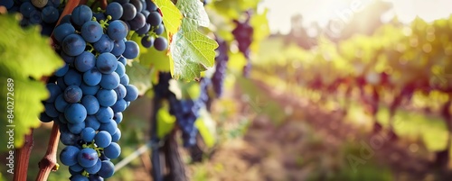Close-up of blue grape cluster hanging on blurred Row of vineyards background. Grape farm. Plantation of grown fruits for juice, wine production. Ripe grape vine bunches on branch with leaves. Sunset.