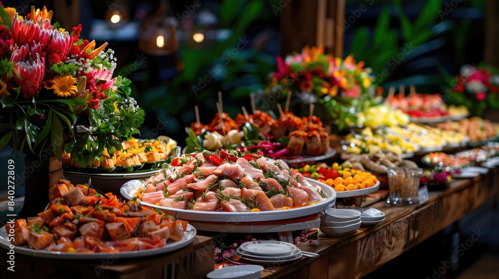 A table is covered with a variety of food, including a large plate of meat and a bowl of fruit. The table is set for a party or gathering, and the food is arranged in an inviting and appetizing manner