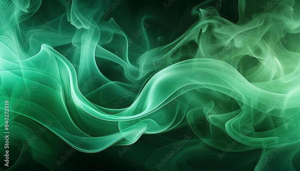 Fototapeta premium Flowing green smoke swirls gracefully against a dark background, creating a dynamic and mesmerizing visual effect. 