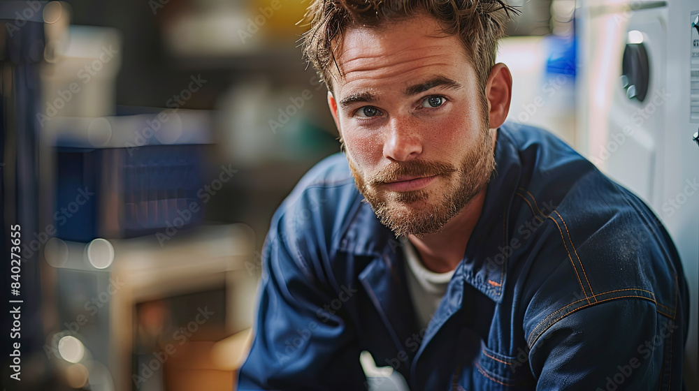 Obraz premium Portrait of a handsome young man working in a laundry room.