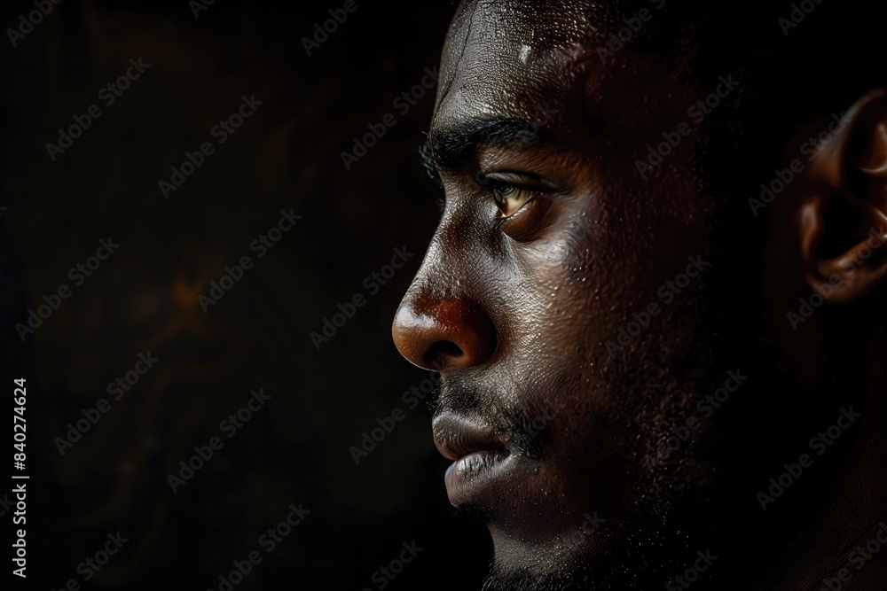 A man with a black face and a wet nose. The man is looking at the camera. The image has a mood of sadness and loneliness A man with a black face and a wet nose. The man is looking at the camera. The image has a mood of sadness and loneliness