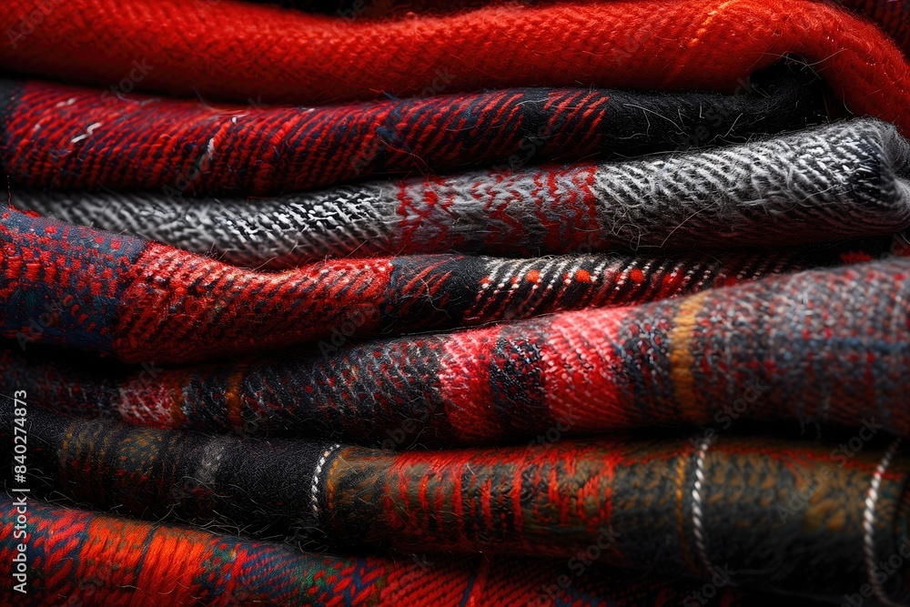 A pile of plaid and red blankets. The blankets are stacked on top of each other. The blankets are of different colors and patterns A pile of plaid and red blankets. The blankets are stacked on top of each other. The blankets are of different colors and patterns