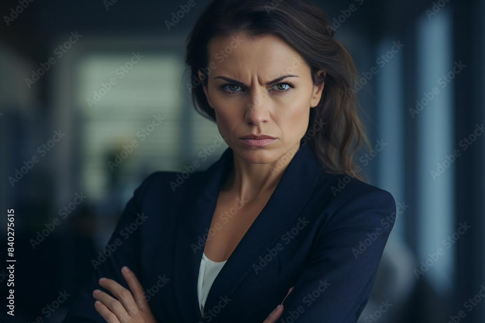 Confident beautiful lady strict chief working in office made with generative AI technology Confident beautiful lady strict chief working in office made with generative AI technology