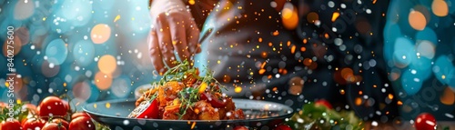 A hand adding fresh ingredients to a plate of vibrant food.