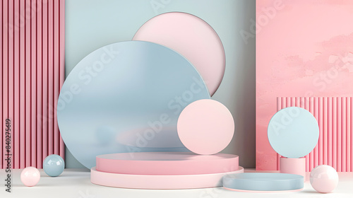 Abstract geometric background with pastel circles and platforms in pink and blue tones, perfect for modern and minimalist designs. © Kakabe