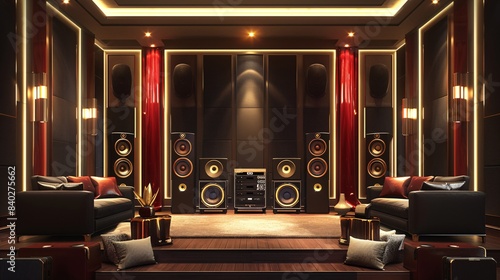 An exquisite illustration of a high-end sound system room, showcasing state-of-the-art audio equipment in a luxurious and acoustically optimized environment