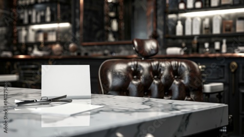 Refined Elegance Vintage Men's Grooming Salon with Polished Marble Countertop Leather Barber Chairs and Blank Business Cards Luxury Barber Shop Image