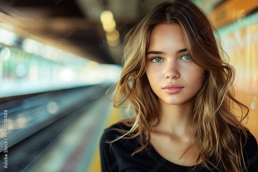 A beautiful girl stands on the platform of an underground station, waiting for her train to arrive. She looks directly at the camera, showcasing her beautiful hair and striking gre A beautiful girl stands on the platform of an underground station, waiting for her train to arrive. She looks directly at the camera, showcasing her beautiful hair and striking gre