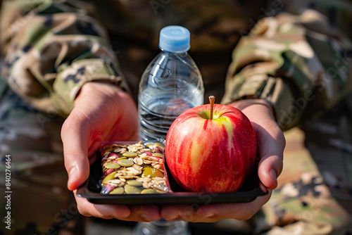 Military person in uniform holds single food ration in front of him. Apple, water bottle and freeze-dried dish photo