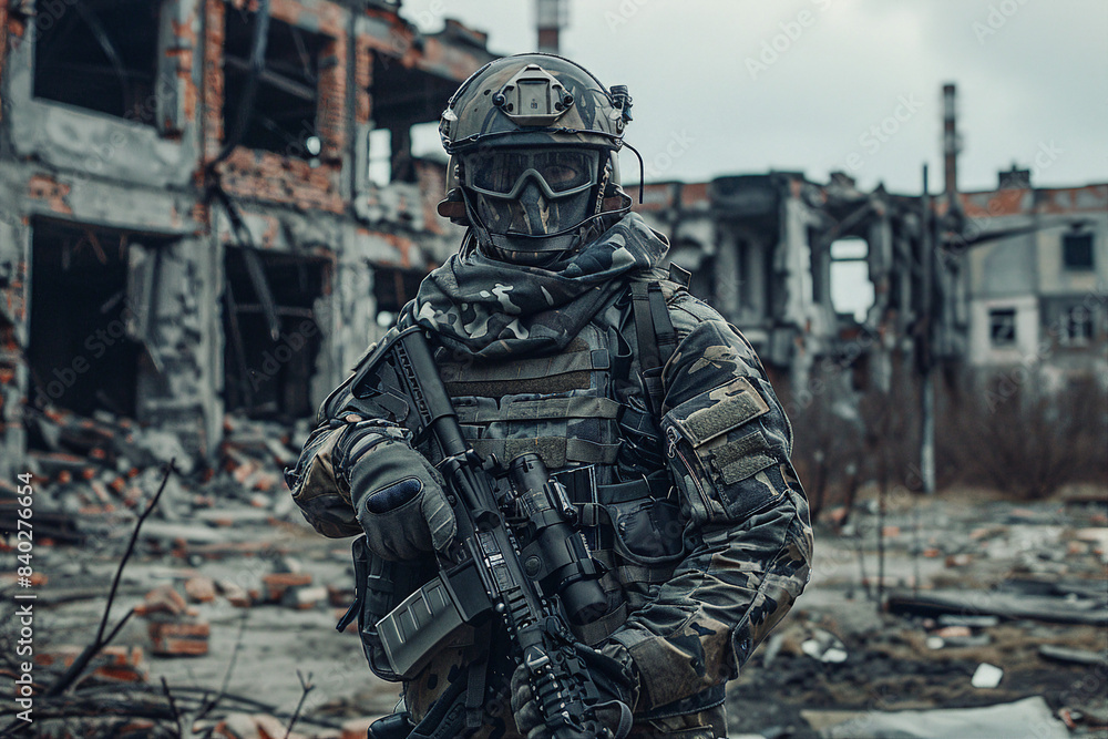 Portrait of a soldier with a weapon during a military operation made with generative AI Portrait of a soldier with a weapon during a military operation made with generative AI