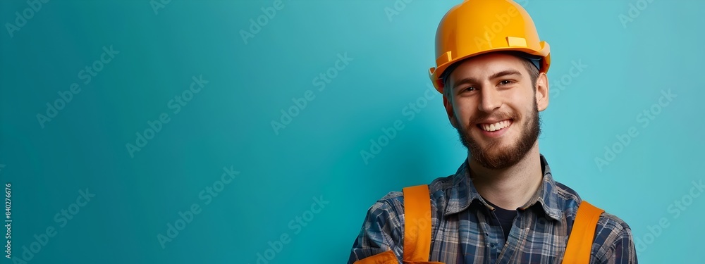 Confident Young Maintenance Engineer in Hardhat Smiling on Color Background Confident Young Maintenance Engineer in Hardhat Smiling on Color Background
