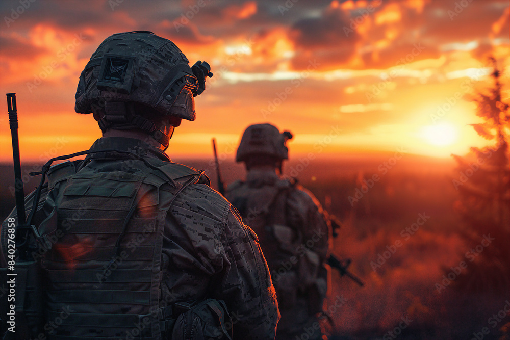 Generative AI image of military operation mission on silhouette sunset in field Generative AI image of military operation mission on silhouette sunset in field