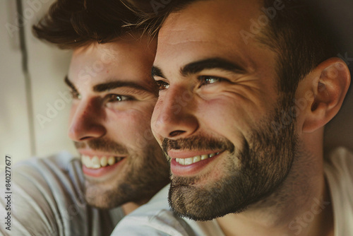 AI generated image of a happy beautiful lgbt couple handsome men spending time at home together