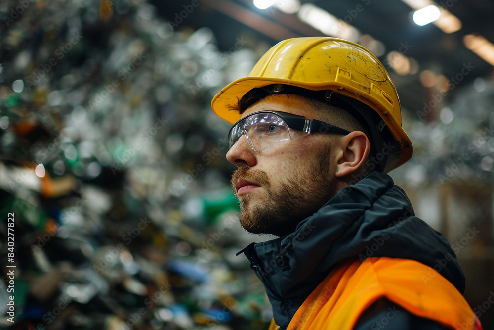 Local service workers cleaning reusing trash garbage saving planet from pollution recycling plant fabric Generative AI