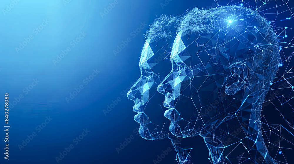 Obraz premium Artificial intelligence (AI), machine learning and neural networks concept. Wireframe low polygonal human head on blue background