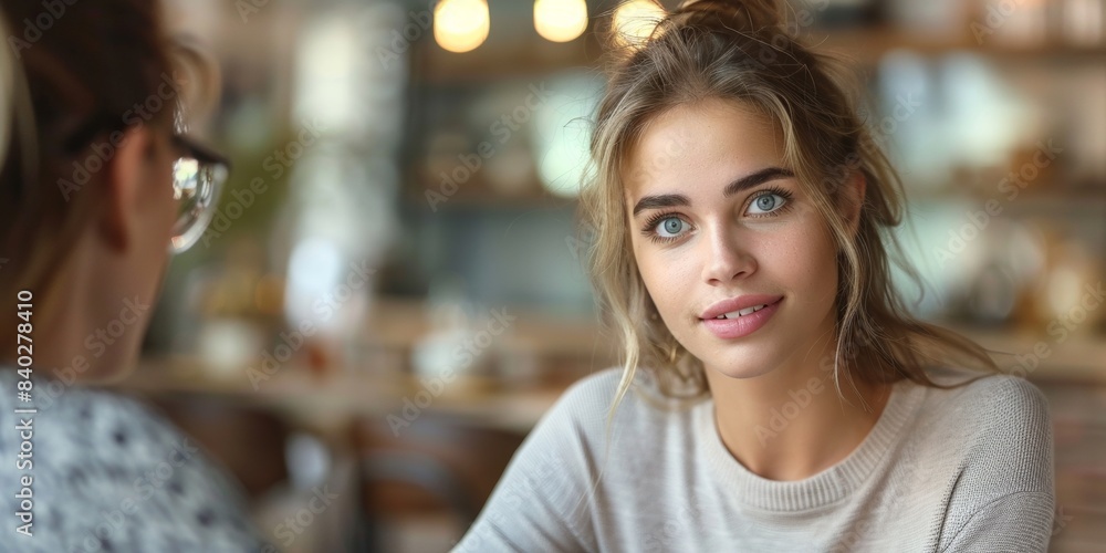 In a cozy cafe, two charming teens engage in cheerful conversation, exuding happiness and confidence. In a cozy cafe, two charming teens engage in cheerful conversation, exuding happiness and confidence.