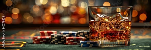 Amid the casino buzz, players take risks with stacked chips, fueled by alcohol. photo