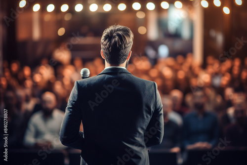 Generative AI illustration motivational speaker with microphone in hand in front of audience at conference room photo