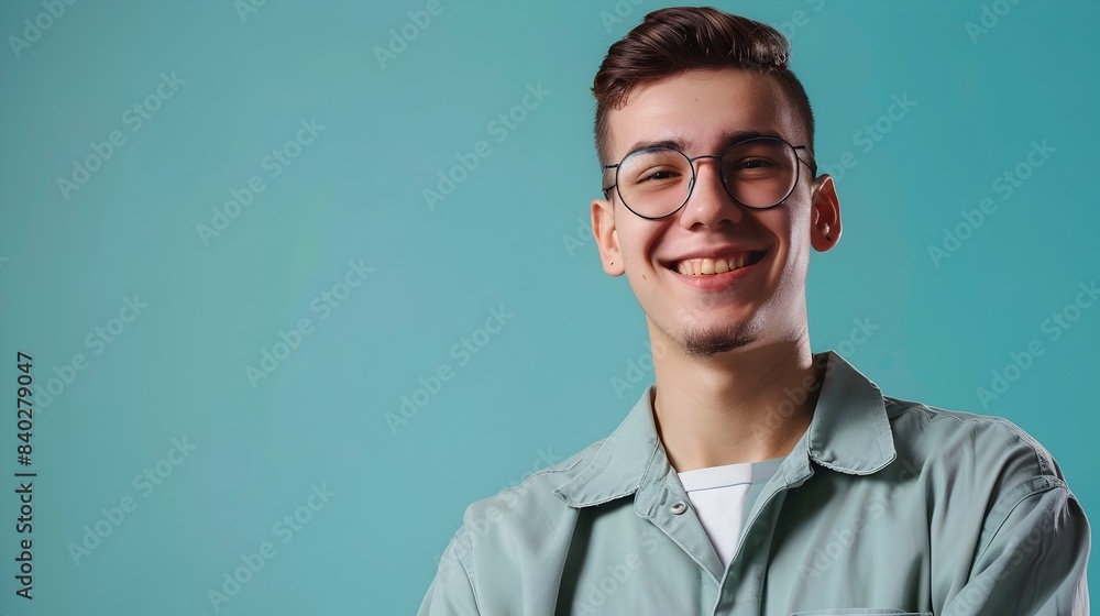 Confident Young Professional Smiling in Vibrant Studio Setting Confident Young Professional Smiling in Vibrant Studio Setting