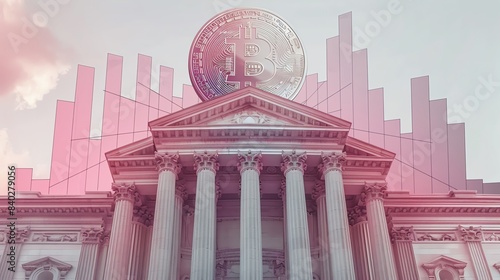 fashion editorial of A surreal scene of a bank building, with a giant, metallic coin suspended above, with statistical graphs representing financial growth emerging from the coin, Leading lines,