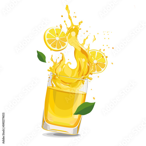 Splashes of yellow lemon juice with slices. Vector clipart with citrus drink isolated for design