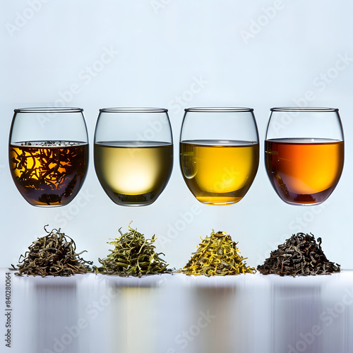 verity of tea powders and tea glasses on white background