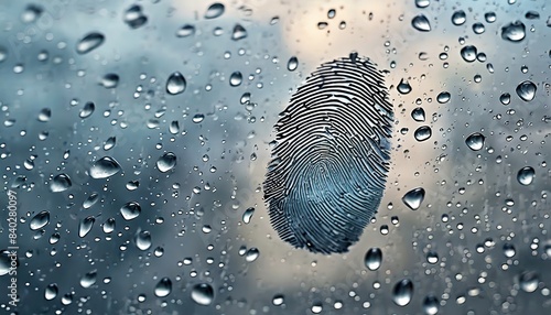 A detailed fingerprint on a glass surface with raindrops, providing a top-down view and copy space for text.