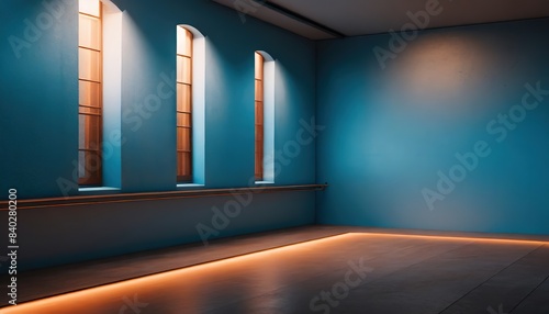 A dark  moody room with blue walls and desaturated orange lighting  creating a dramatic and mysterious atmosphere.