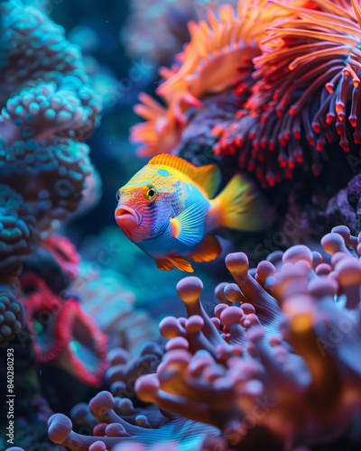 A detailed shot of a tropical fish swimming in a vibrant coral reef, showcasing the vivid colors and intricate patterns of marine life