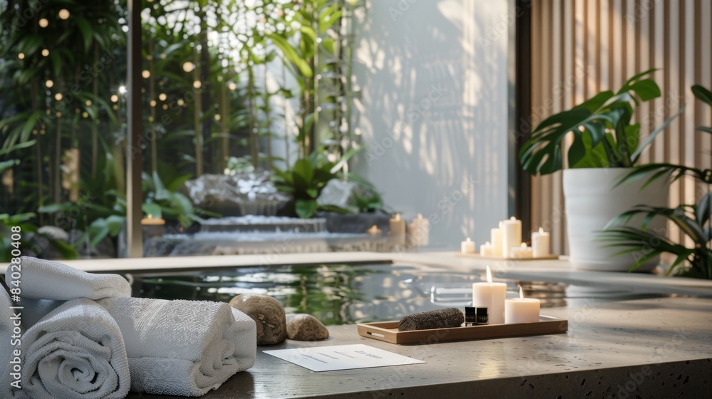 Fototapeta premium Serene Spa Retreat Tranquil Reception with Blank Business Cards Scented Candles and Soft Robes