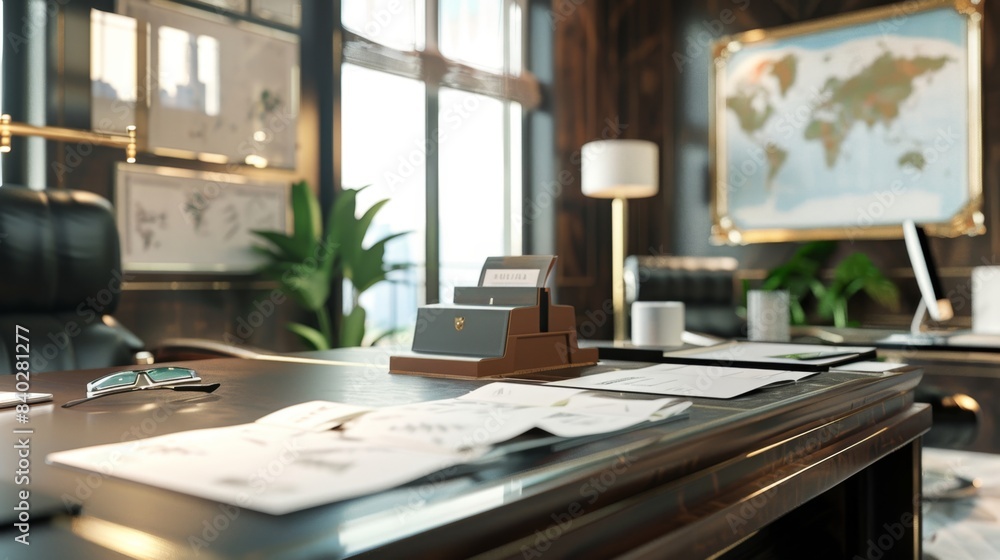 Global Wanderlust A Luxurious Travel Advisor's Office with Exotic Destinations Business Cards and World Map Global Wanderlust A Luxurious Travel Advisor's Office with Exotic Destinations Business Cards and World Map