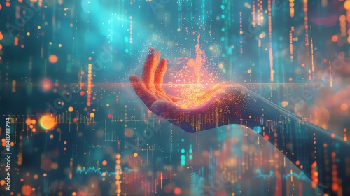 Heat exchanger holographic of A surreal scene of a giant, celestial hand holding a coin, with statistical graphs representing global financial flows appearing as shimmering stars and constellations,