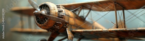 Close-up of a vintage biplane model showcasing its wooden propeller and fabric wings, captured in a detailed and nostalgic manner.