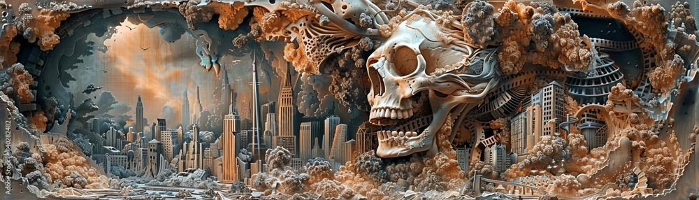 Fototapeta premium Digital artwork depicting a post-apocalyptic cityscape with a giant skull and eerie atmosphere, symbolizing destruction and decay.