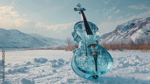 An icy violin sculpture within a crystal clear block