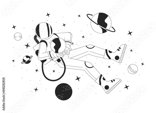 Astronaut in outer space black and white 2D illustration concept. Person wearing protective costume in cosmos cartoon outline character isolated on white. Lo fi theme scene vector color image