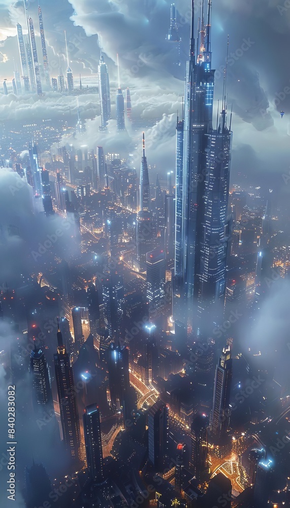 Futuristic cityscape with towering skyscrapers and glowing lights, enveloped in clouds, showcasing advanced urban development and technology. Futuristic cityscape with towering skyscrapers and glowing lights, enveloped in clouds, showcasing advanced urban development and technology.