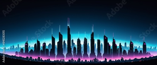 A vibrant, futuristic cityscape showcasing a skyline of high-rise buildings illuminated with neon lights against a dark night sky. The glowing structures create a modern, sci-fi ambiance.