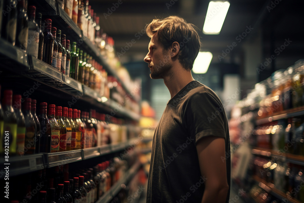 Generative AI image of young man explores a wine store rows Generative AI image of young man explores a wine store rows