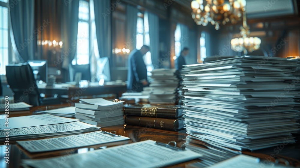 Stacks of documents and books on the table in the courtroom Stacks of documents and books on the table in the courtroom
