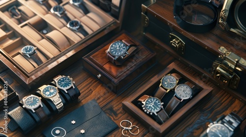 Timeless Elegance Luxury Watch Collector's Study with Business Cards Watch Winders and Timepieces photo