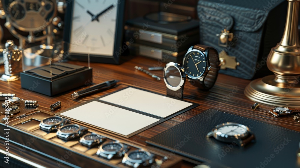 Timeless Elegance Luxury Watch Collector's Study with Business Cards Watch Winders and Timepieces Timeless Elegance Luxury Watch Collector's Study with Business Cards Watch Winders and Timepieces