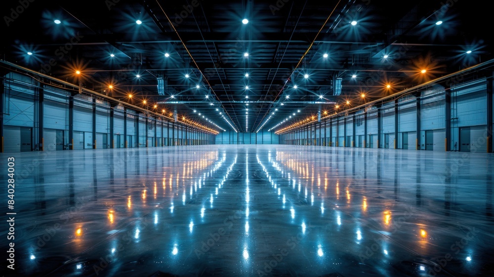 Evoke the atmosphere of an empty warehouse with glowing lights. The haunting light of a spotlight penetrates an old abandoned warehouse Evoke the atmosphere of an empty warehouse with glowing lights. The haunting light of a spotlight penetrates an old abandoned warehouse