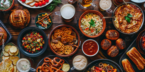 A Festive Table Spread With German Pretzels, Potato Salad, and Beer