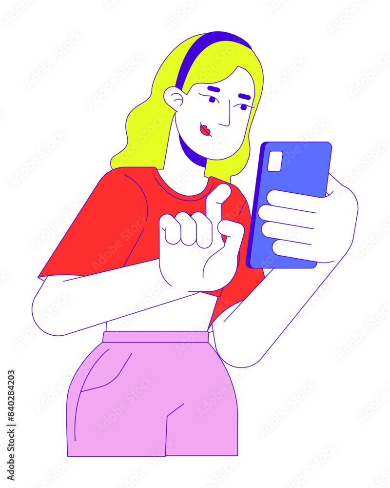Blonde young woman typing mobile phone 2D linear cartoon character. Caucasian female gen z isolated line vector person white background. Texting chatting online color flat spot illustration Blonde young woman typing mobile phone 2D linear cartoon character. Caucasian female gen z isolated line vector person white background. Texting chatting online color flat spot illustration