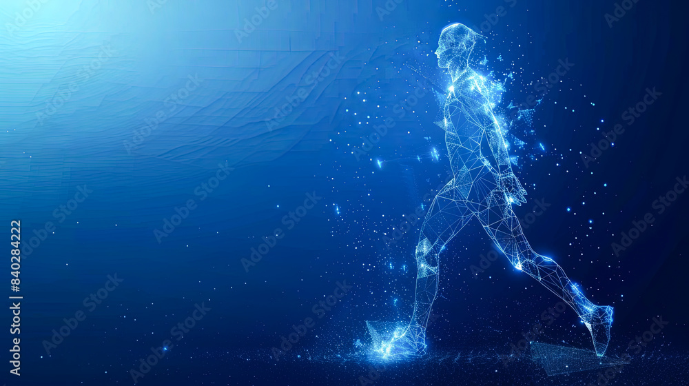 Fototapeta premium Silhouette of a man from particles on a blue background.