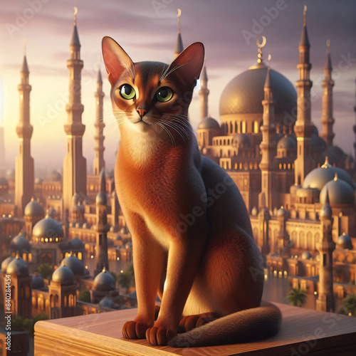 cute beautiful Abyssian Cat sitting in front of a large mosque muslim religious temple, background of a large islamic city photo