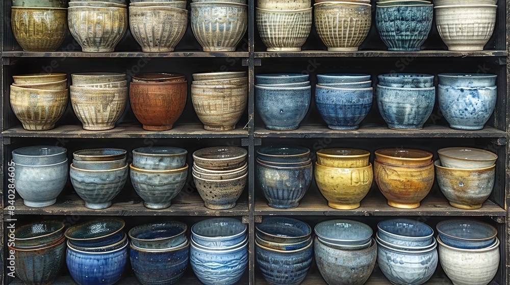 A wooden shelf holds various bowls stacked on top of one another A wooden shelf holds various bowls stacked on top of one another