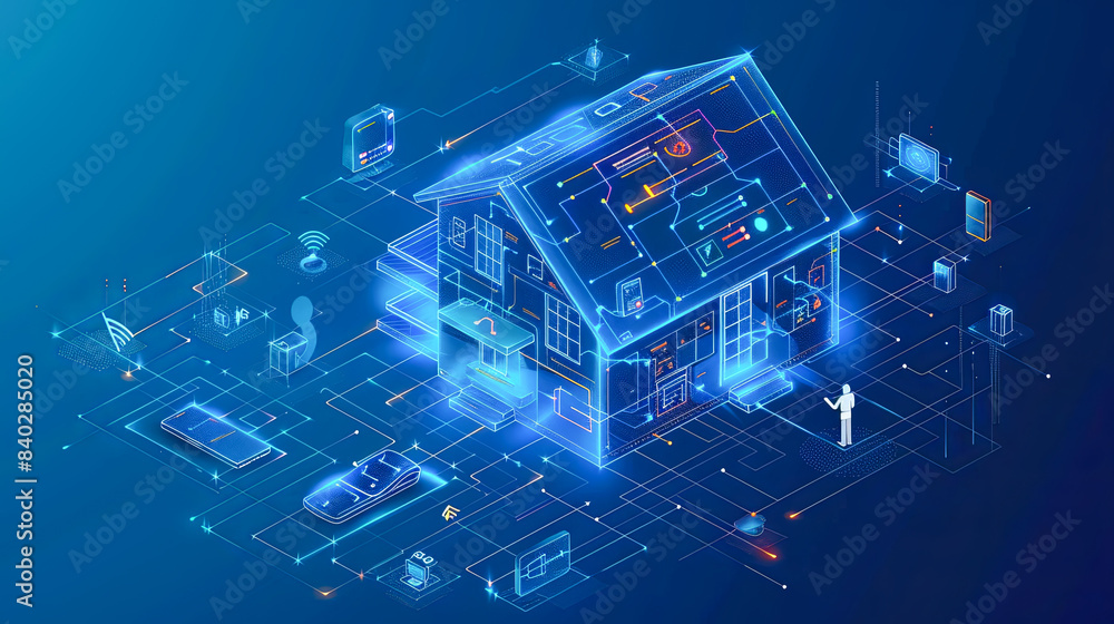 Smart home technology concept. 3d vector isometric illustration of smart home on blue background Smart home technology concept. 3d vector isometric illustration of smart home on blue background
